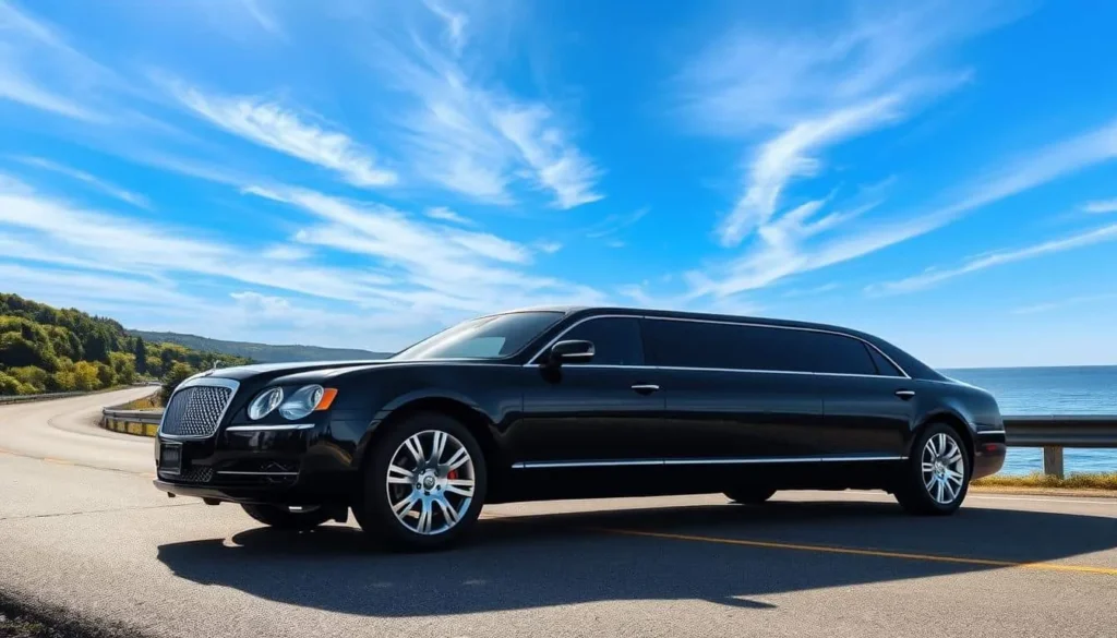 Black luxury stretch limousine parked on a scenic coastal road under a clear blue sky.