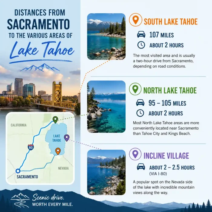 Distances from Sacramento to the various areas of Lake Tahoe